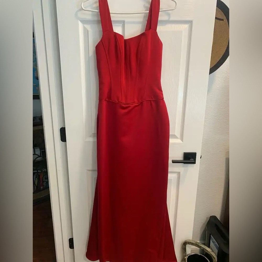 Red Satin Maxi Dress with Square Neck